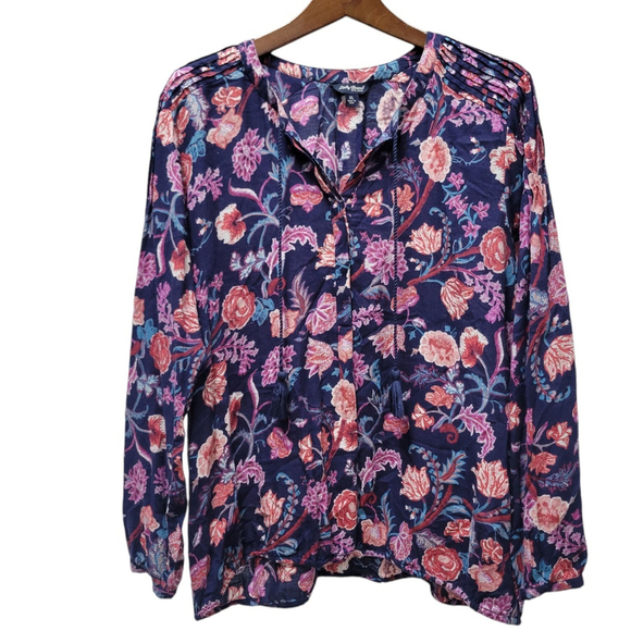Lucky Brand Sz XL Top Blouse Shirt Blue Floral Print Tassel Tie Rayon - Picture 1 of 7